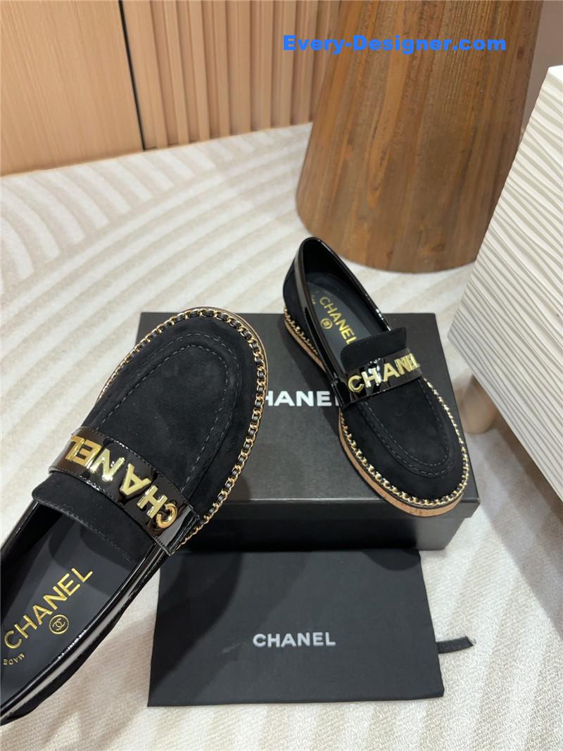 Ch**el metal letter chain trim black suede loafers