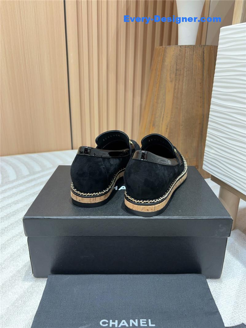 Ch**el metal letter chain trim black suede loafers