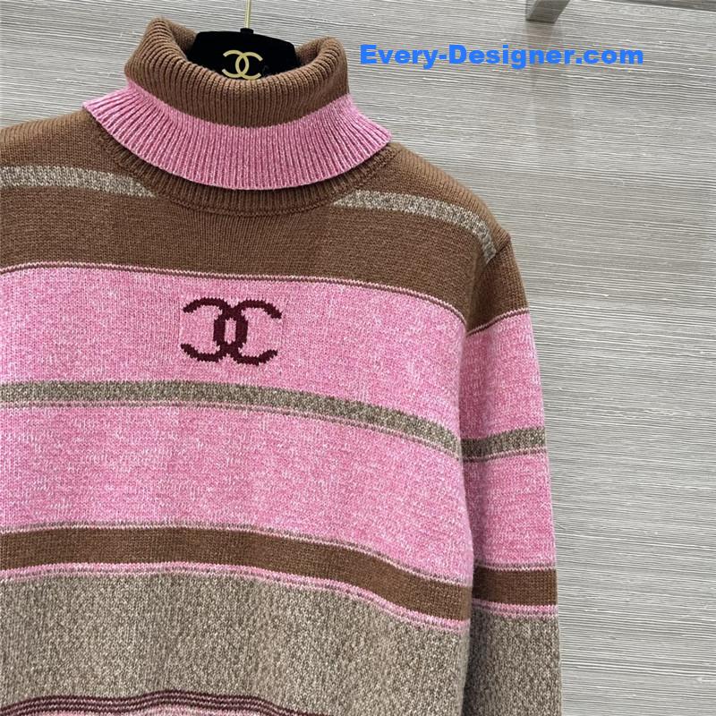 Ch**el striped turtleneck wool sweater pink