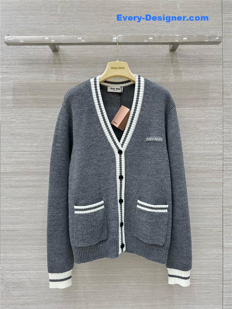 Miu Miu Logo V-Neck Knit Cardigan Grey