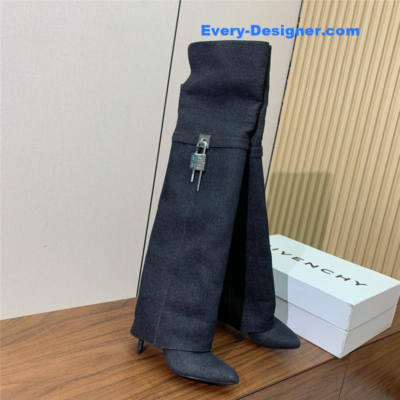 Givenchy Black Shark Lock Stiletto Over-the-Knee Denim Boots