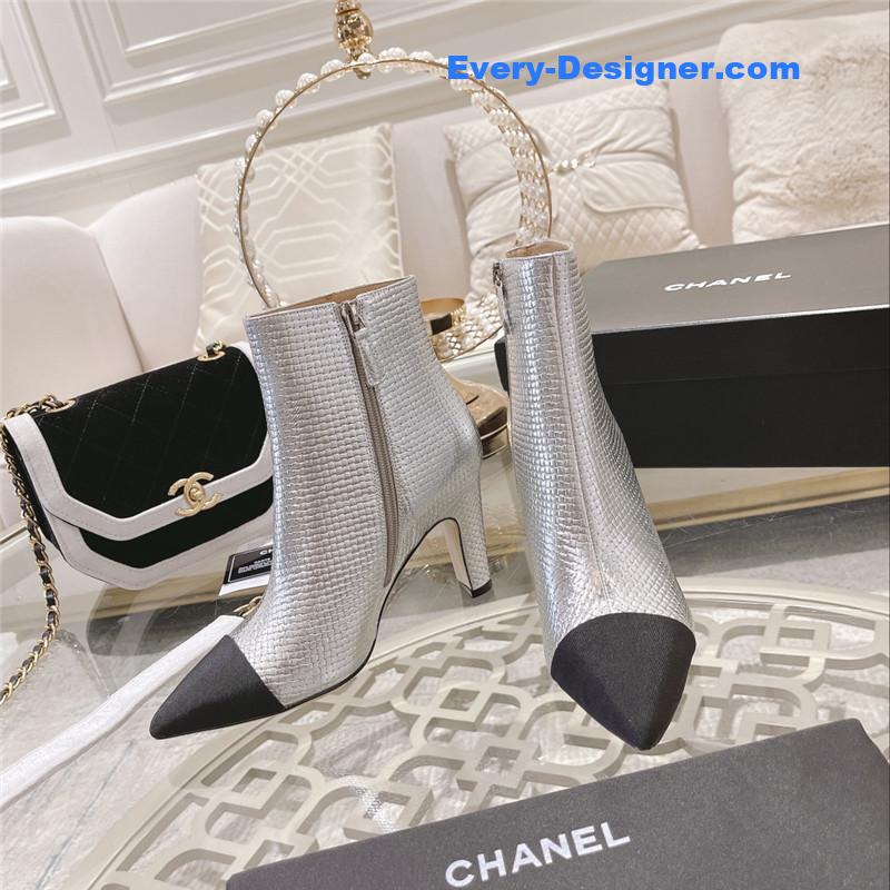 Ch**el silver pointed toe heel ankle boots