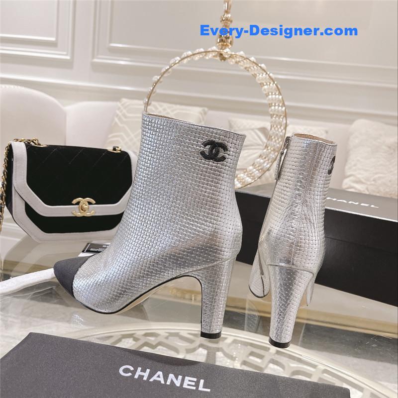 Ch**el silver pointed toe heel ankle boots