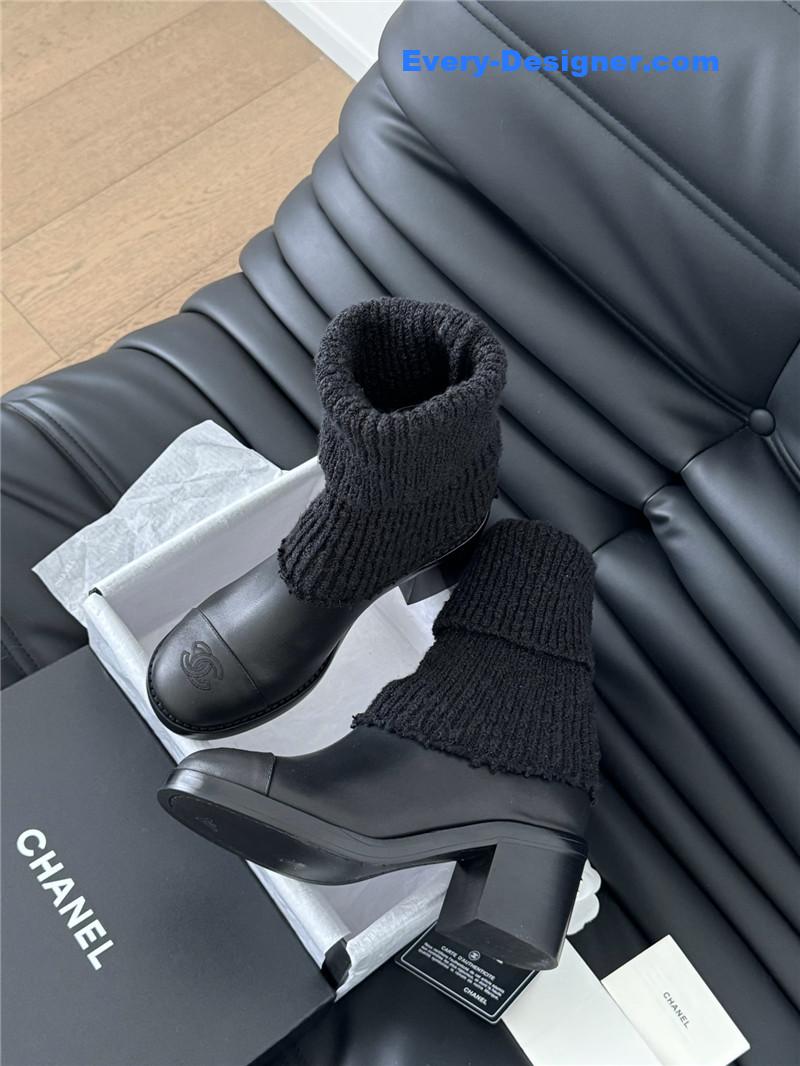 Ch**el black calfskin sock ankle boots
