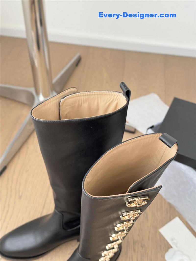 Ch**el black calfskin high boots for women