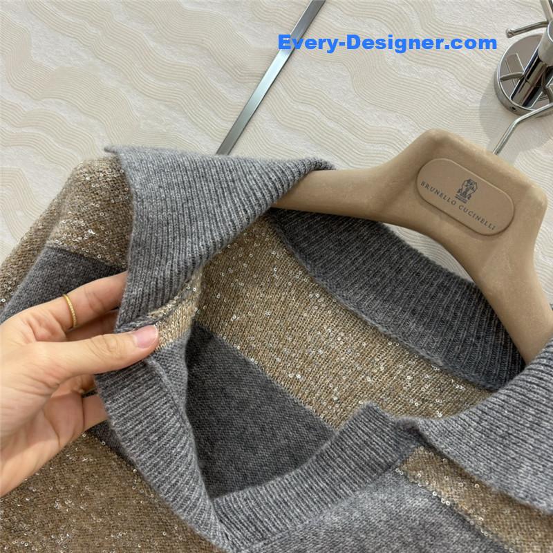 BC Striped Lapel-Neck Blend Knit Sweater