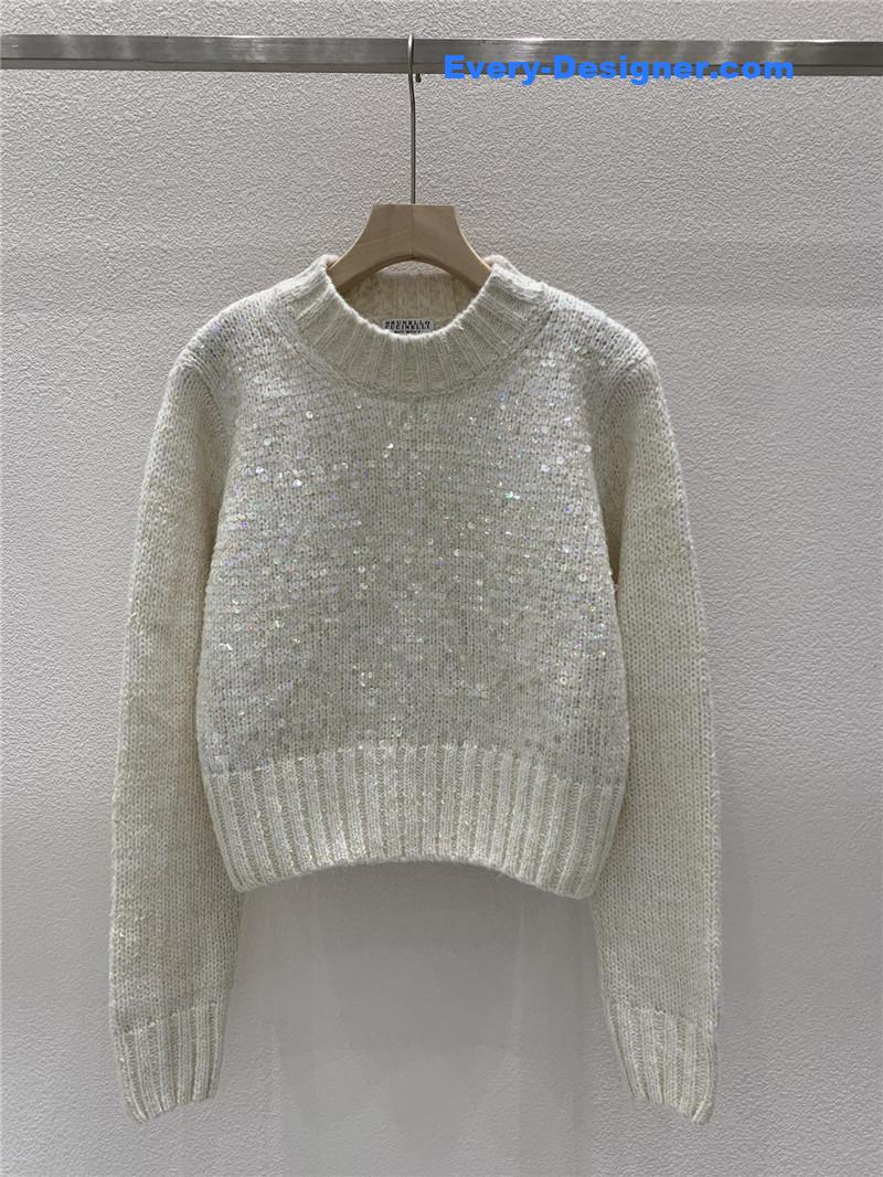 BC Sequined Rib-Knit Sweater White