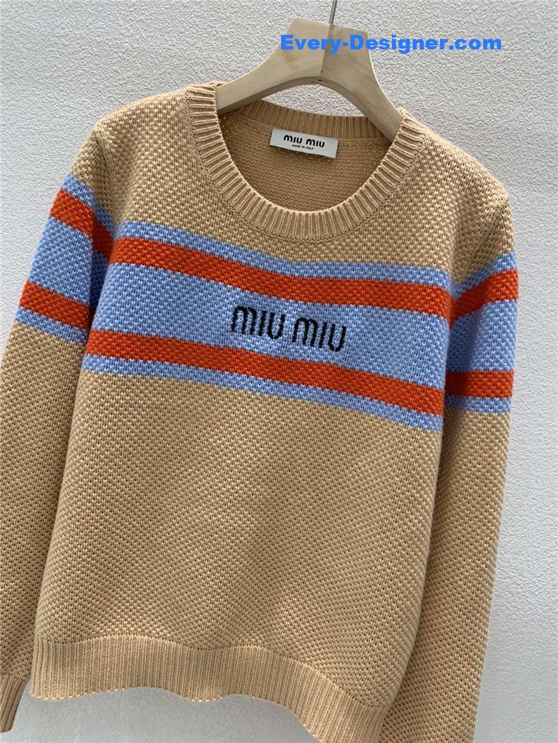 Miu Miu Logo Contrast Knit Sweater in Brown