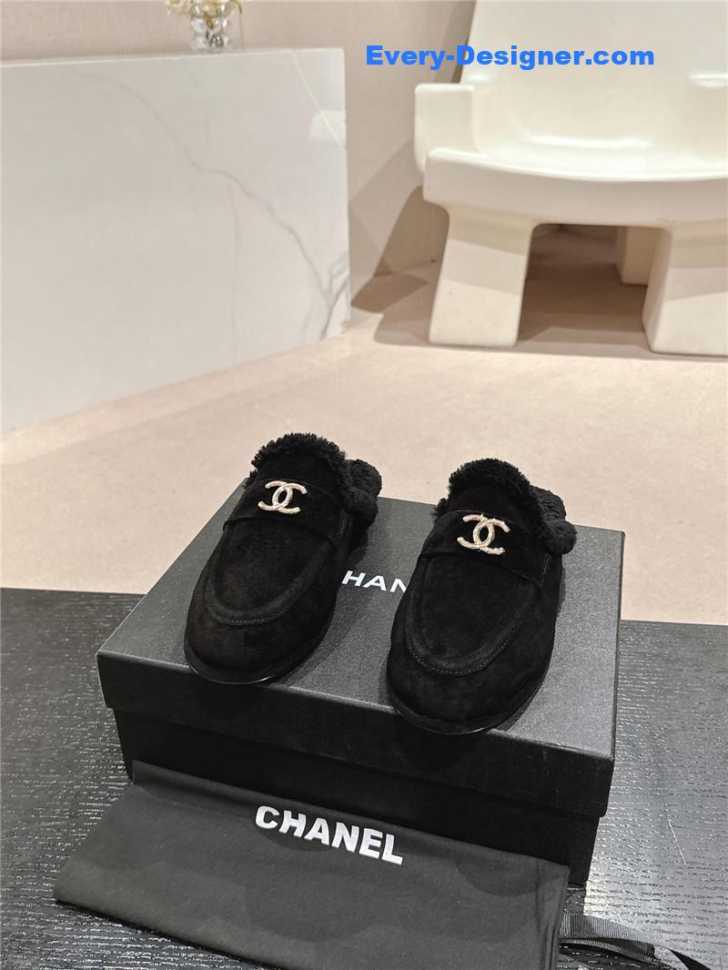 Ch**el suede wool mule loafers in black