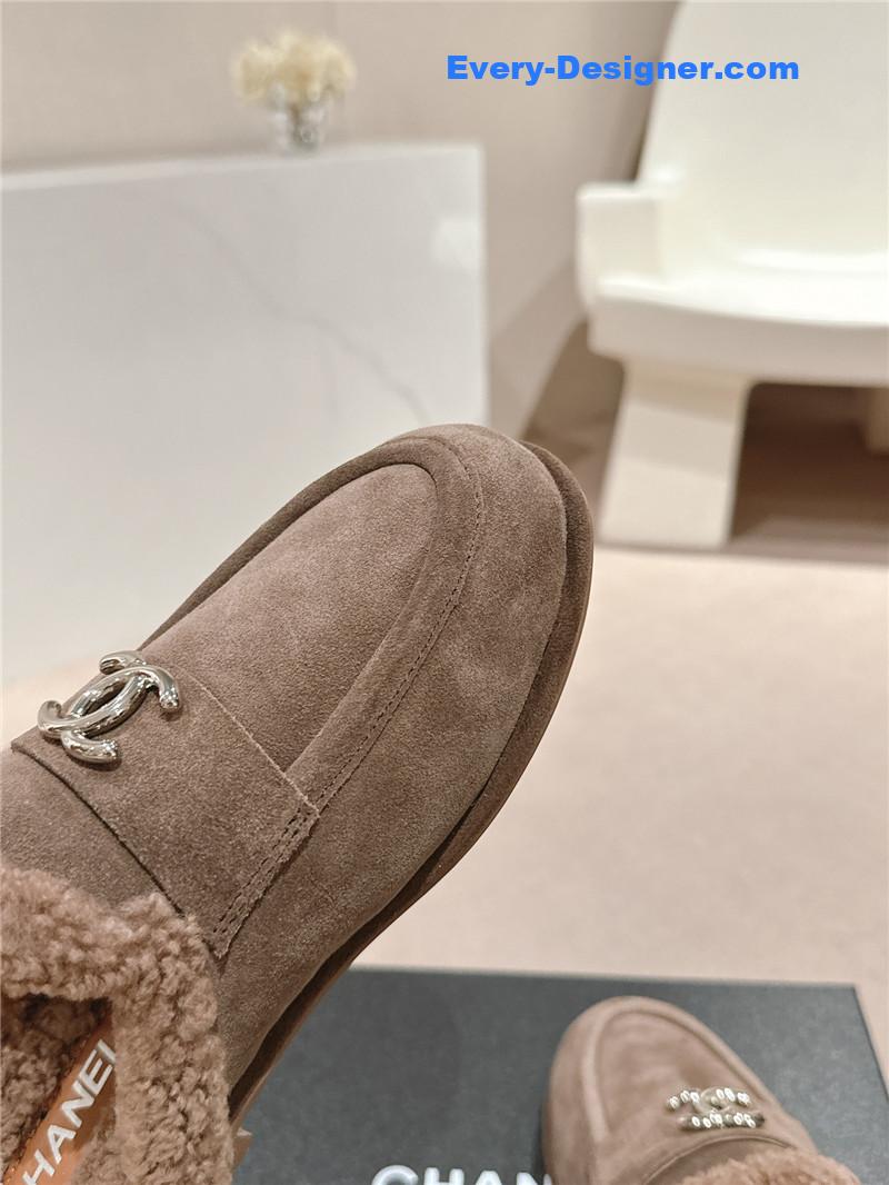 Ch**el calfskin wool mule loafers camel