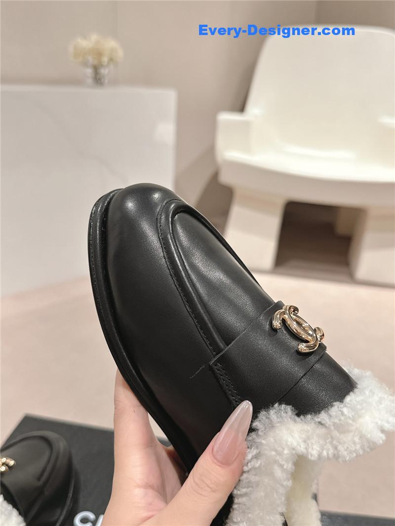 Ch**el calfskin wool mule loafers in black