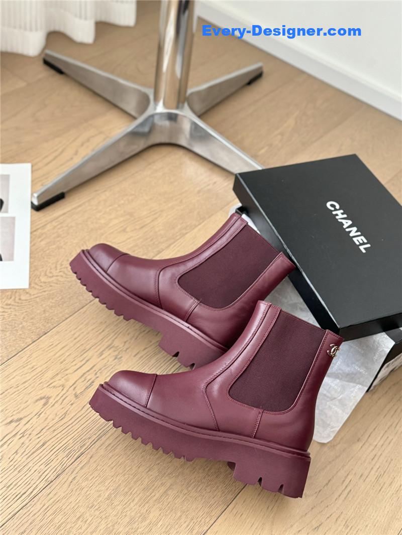 Ch**el burgundy calfskin cap toe ankle boots