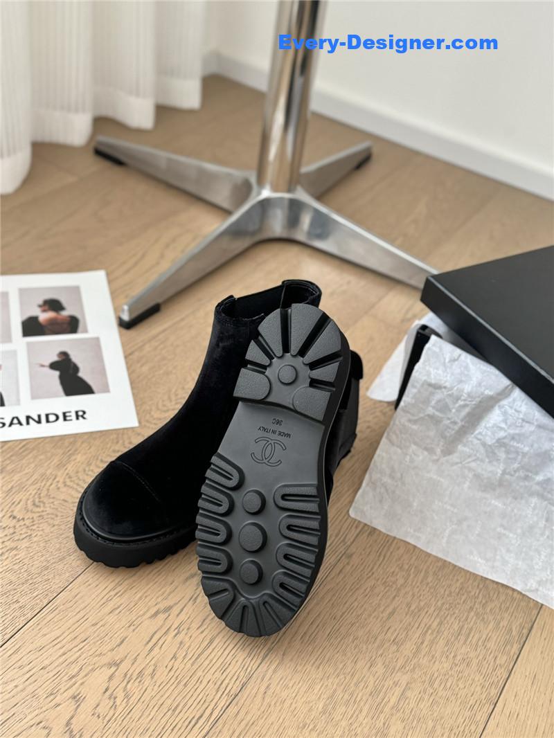 Ch**el black suede calfskin grosgrain cap toe ankle boots