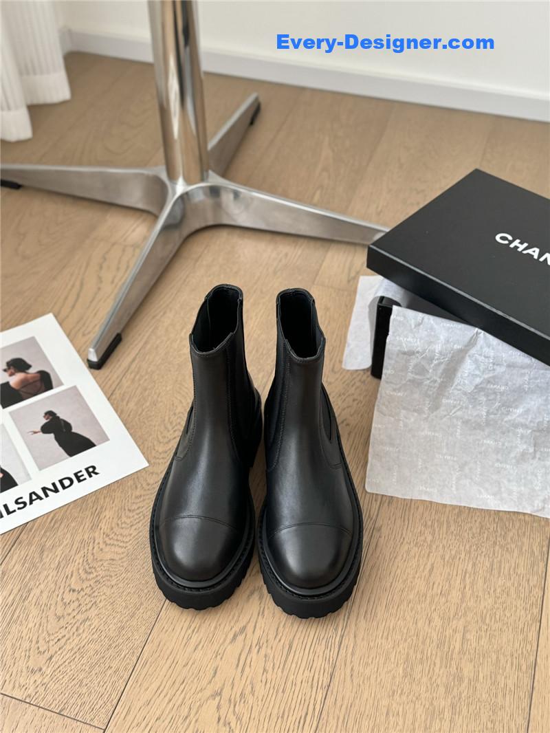 Ch**el black leather calfskin cap toe ankle boots