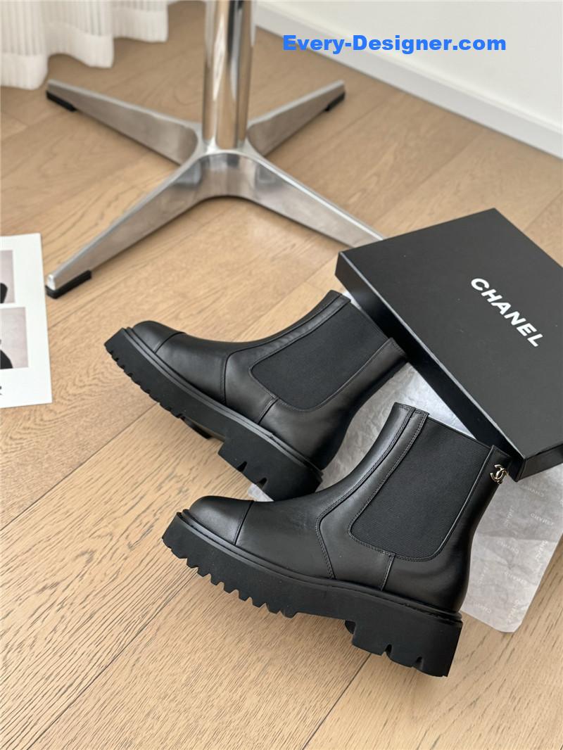 Ch**el black leather calfskin cap toe ankle boots