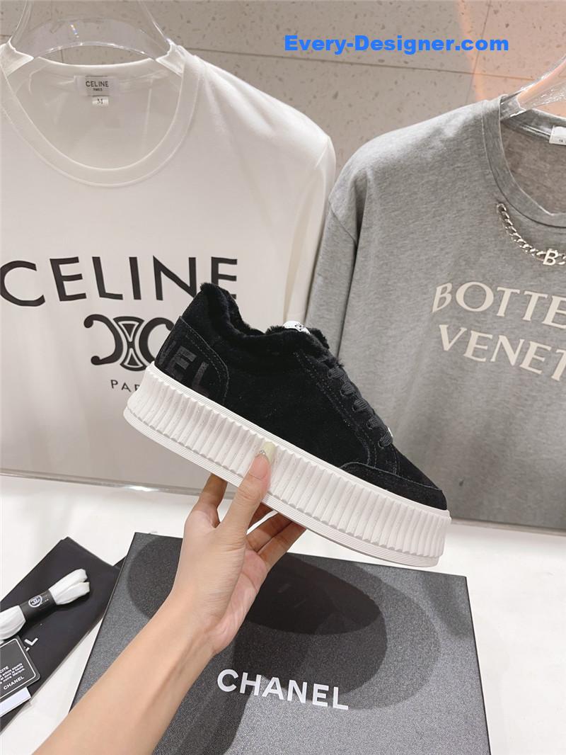 Ch**el black suede leather lace-up platform sneakers