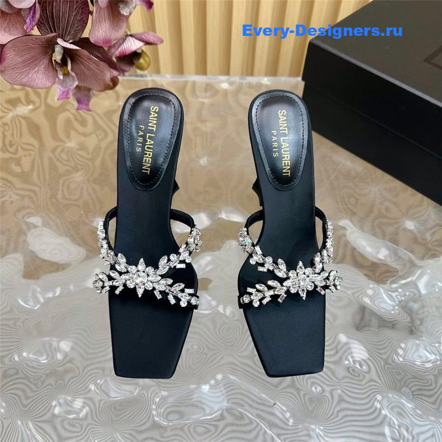 Y51 liz mules in black satin crepe with rhinestones