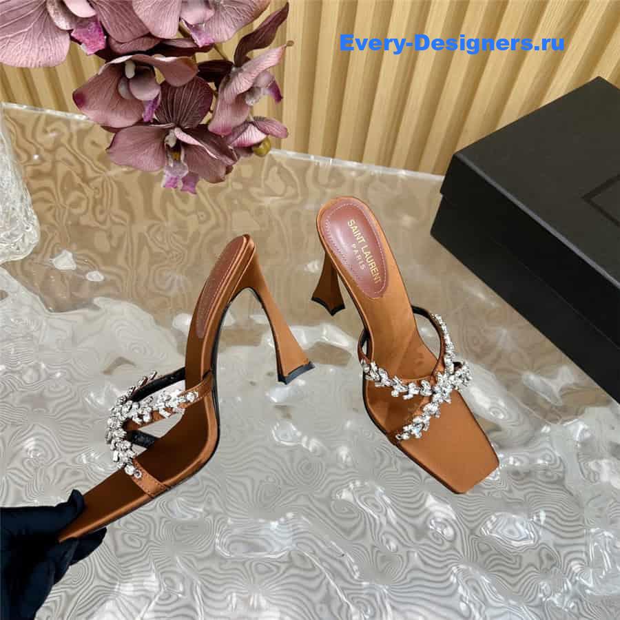 Y51 liz mules in brown satin crepe with rhinestones