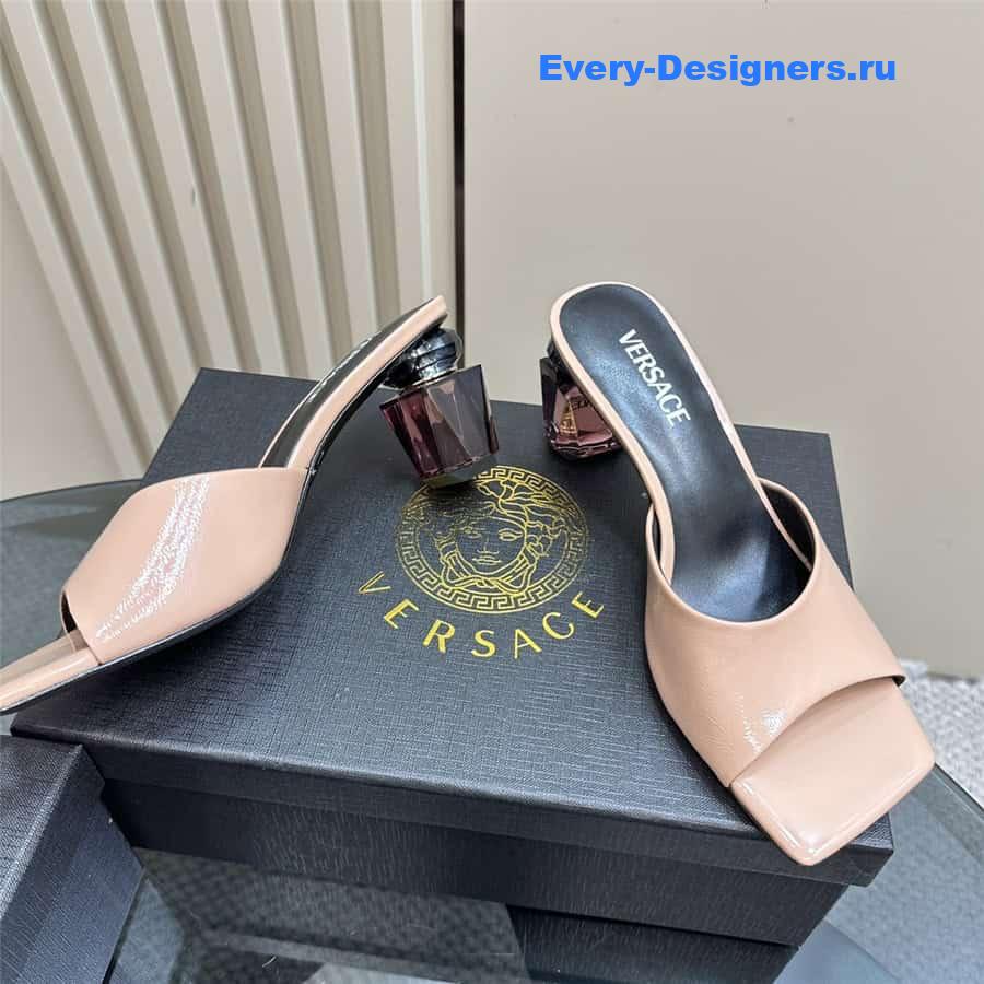 Versace Chunky Perfume Heels Pattern Mules in Nude