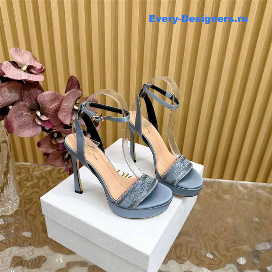 Dway Blue Cotton Embroidered Heeled Sandals