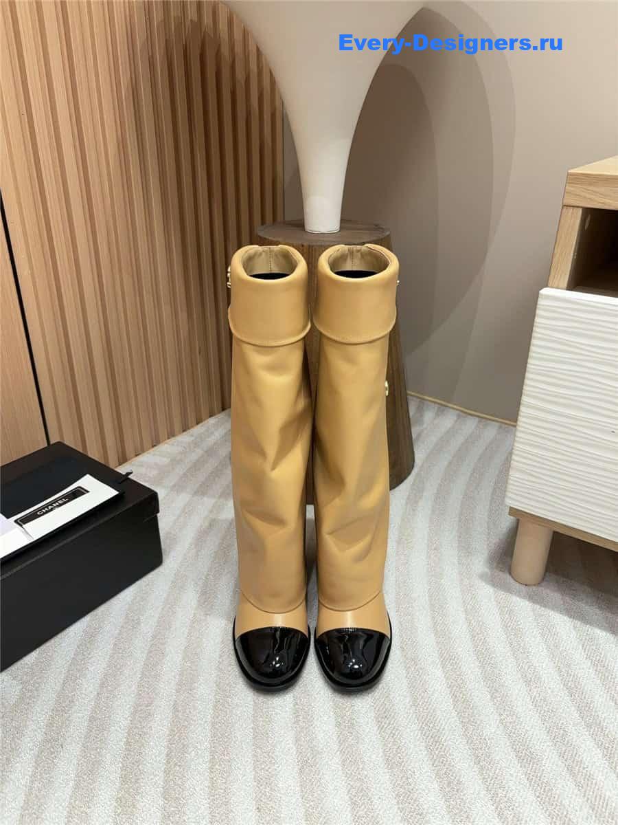 Ch**el brown leather foldover logo high boots