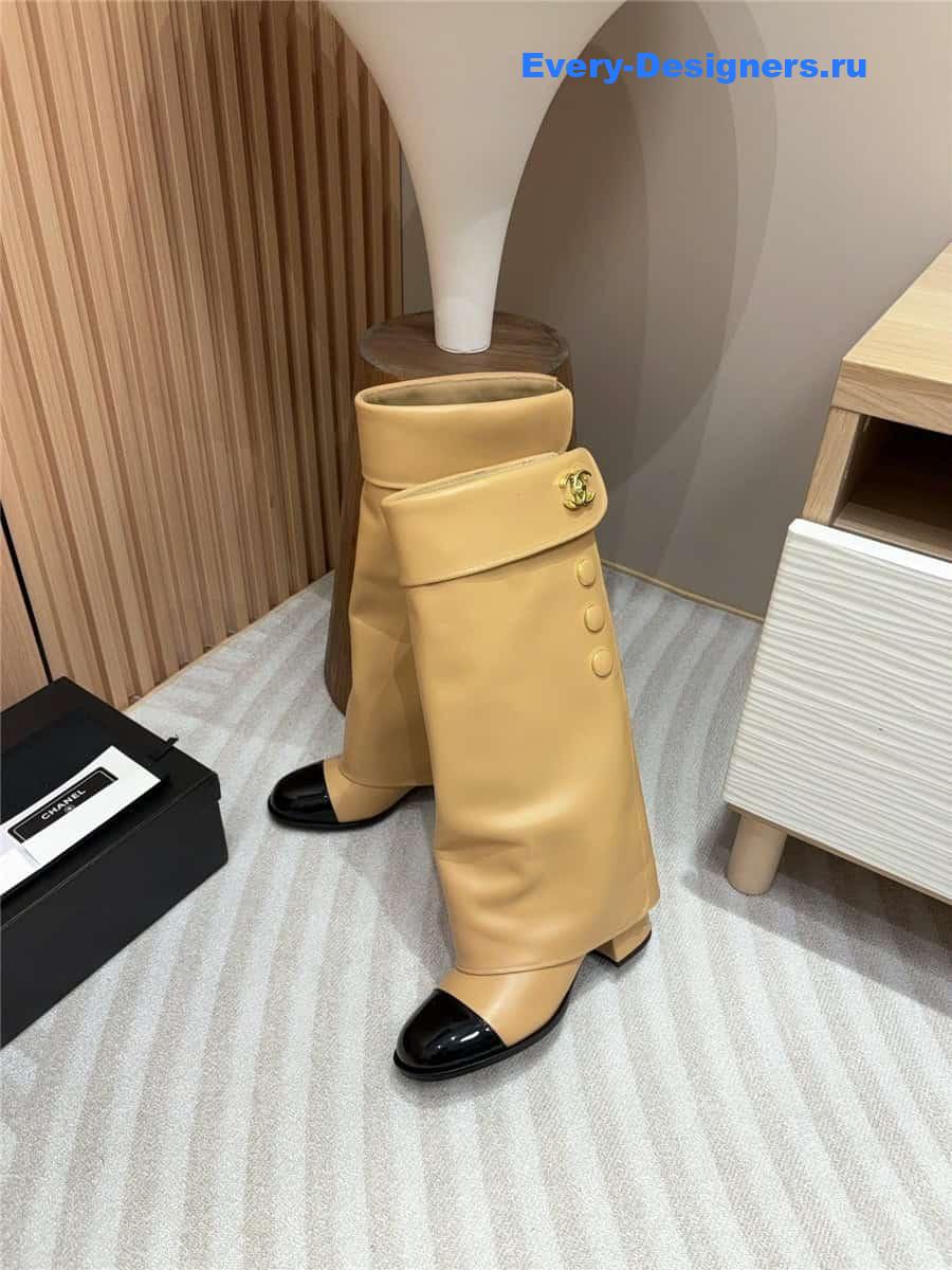 Ch**el brown leather foldover logo high boots