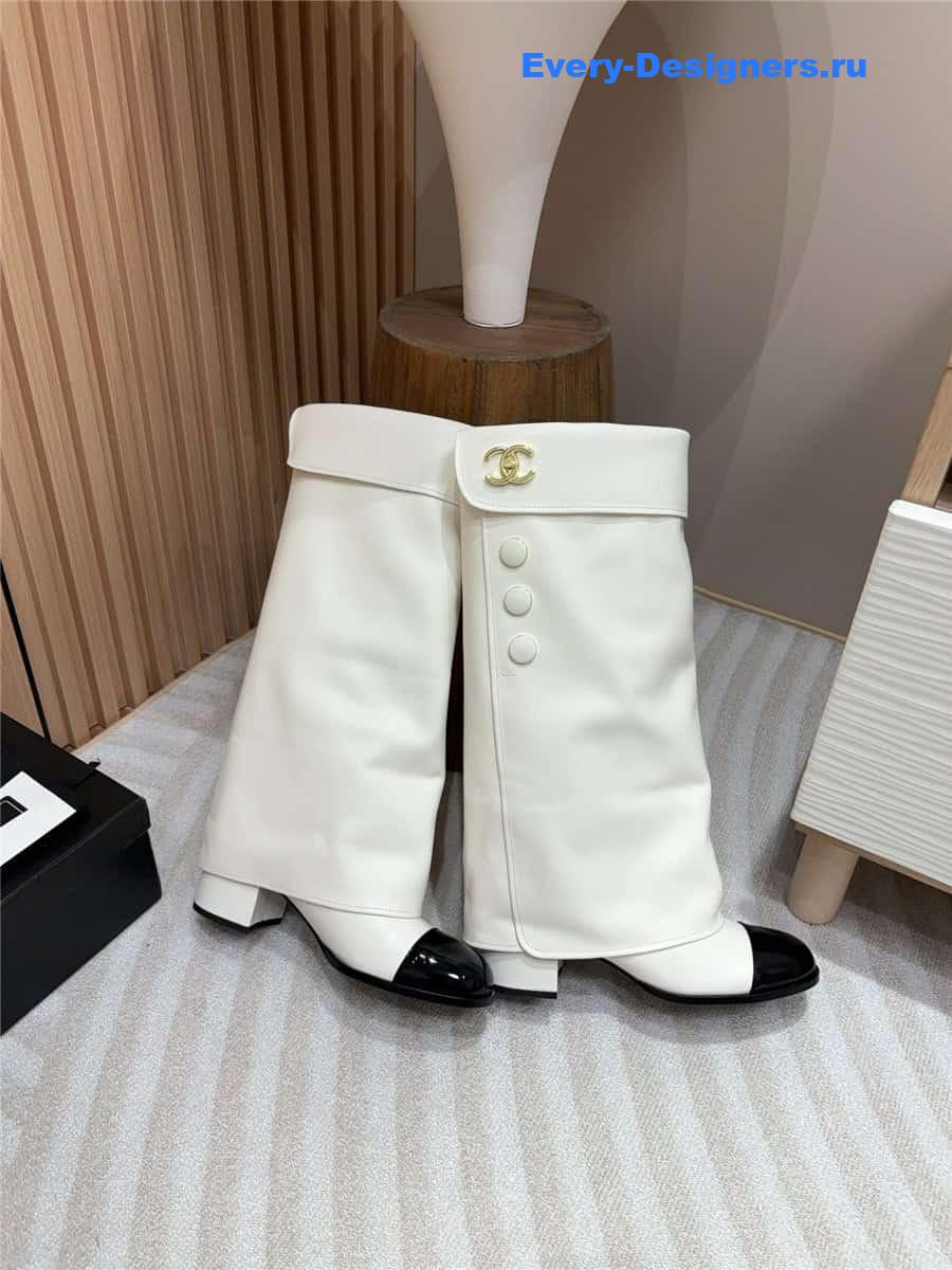 Ch**el white leather foldover logo high boots