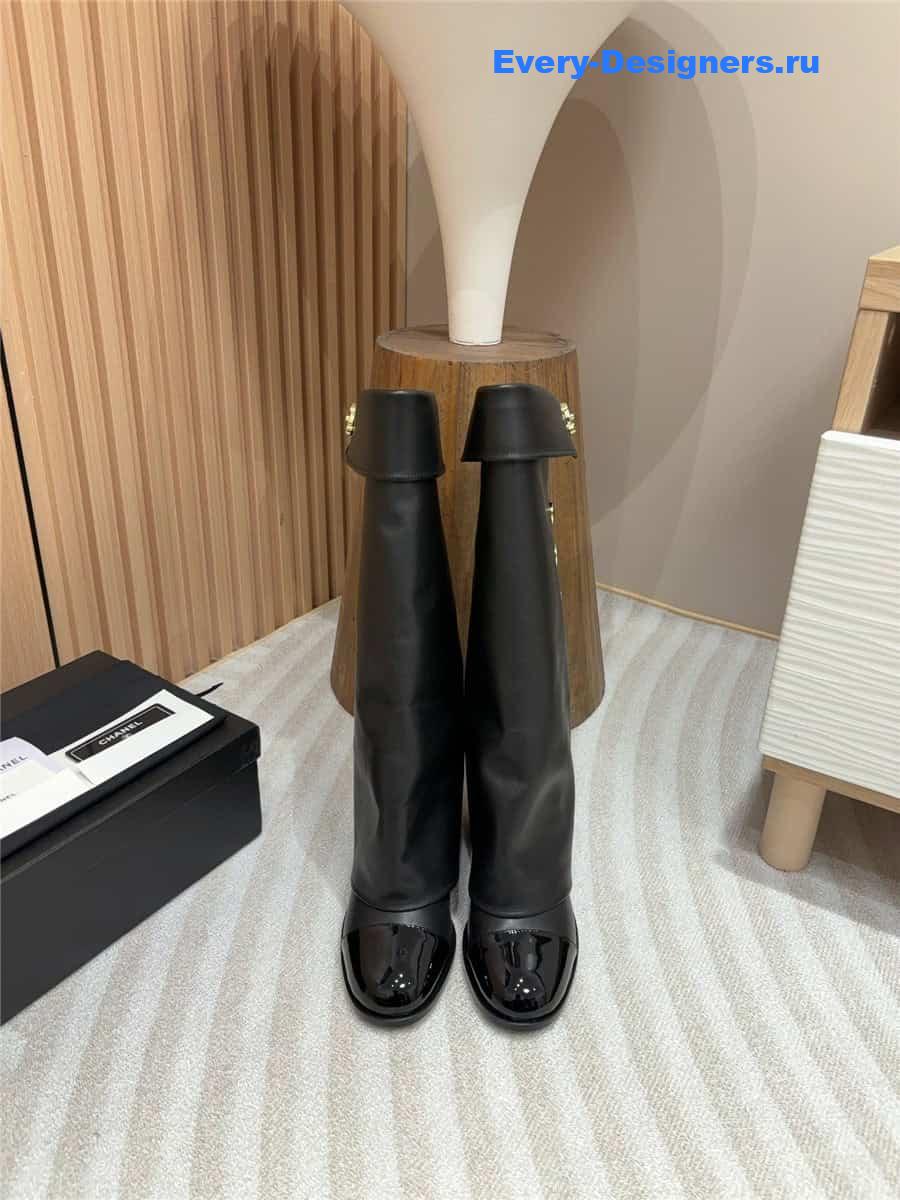 Ch**el leather foldover logo high boots