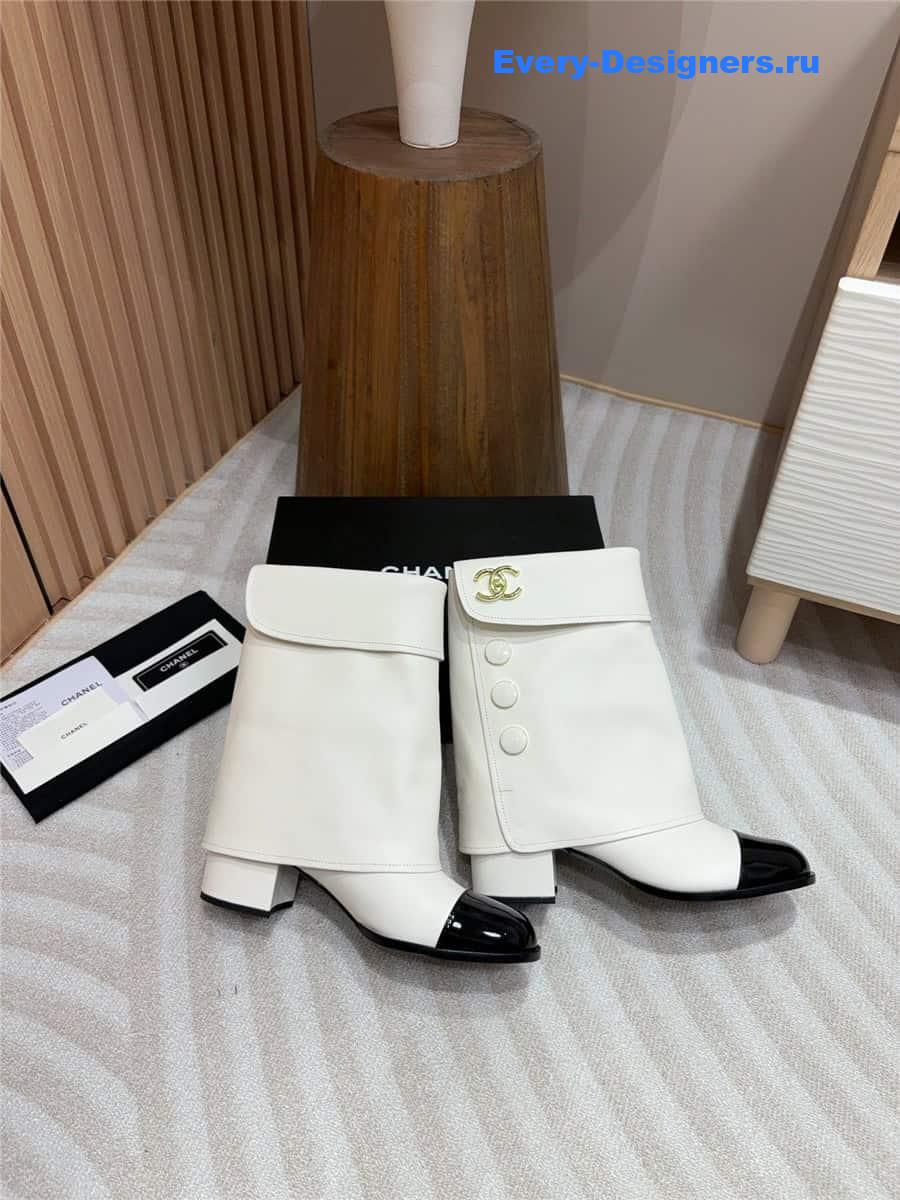 Ch**el white leather foldover logo boots