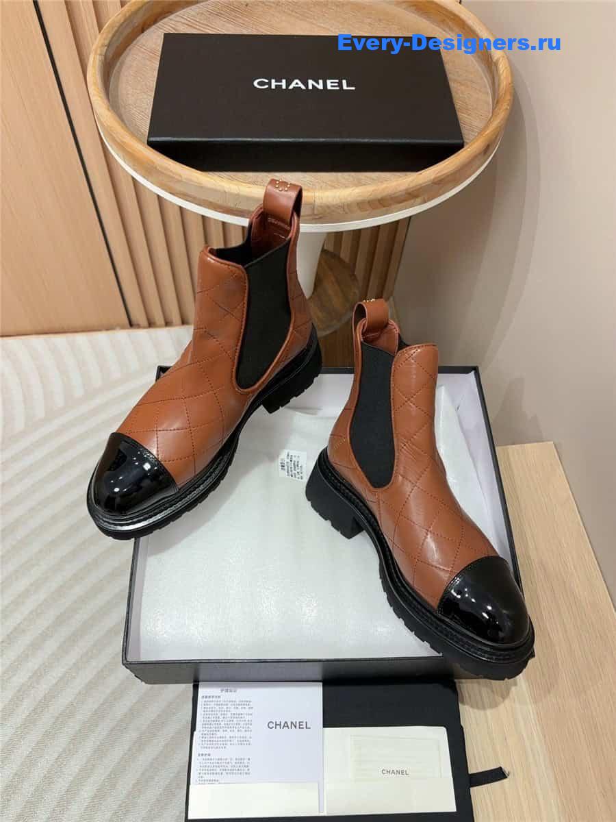 Ch**el brown calfskin patent cap toe ankle boots
