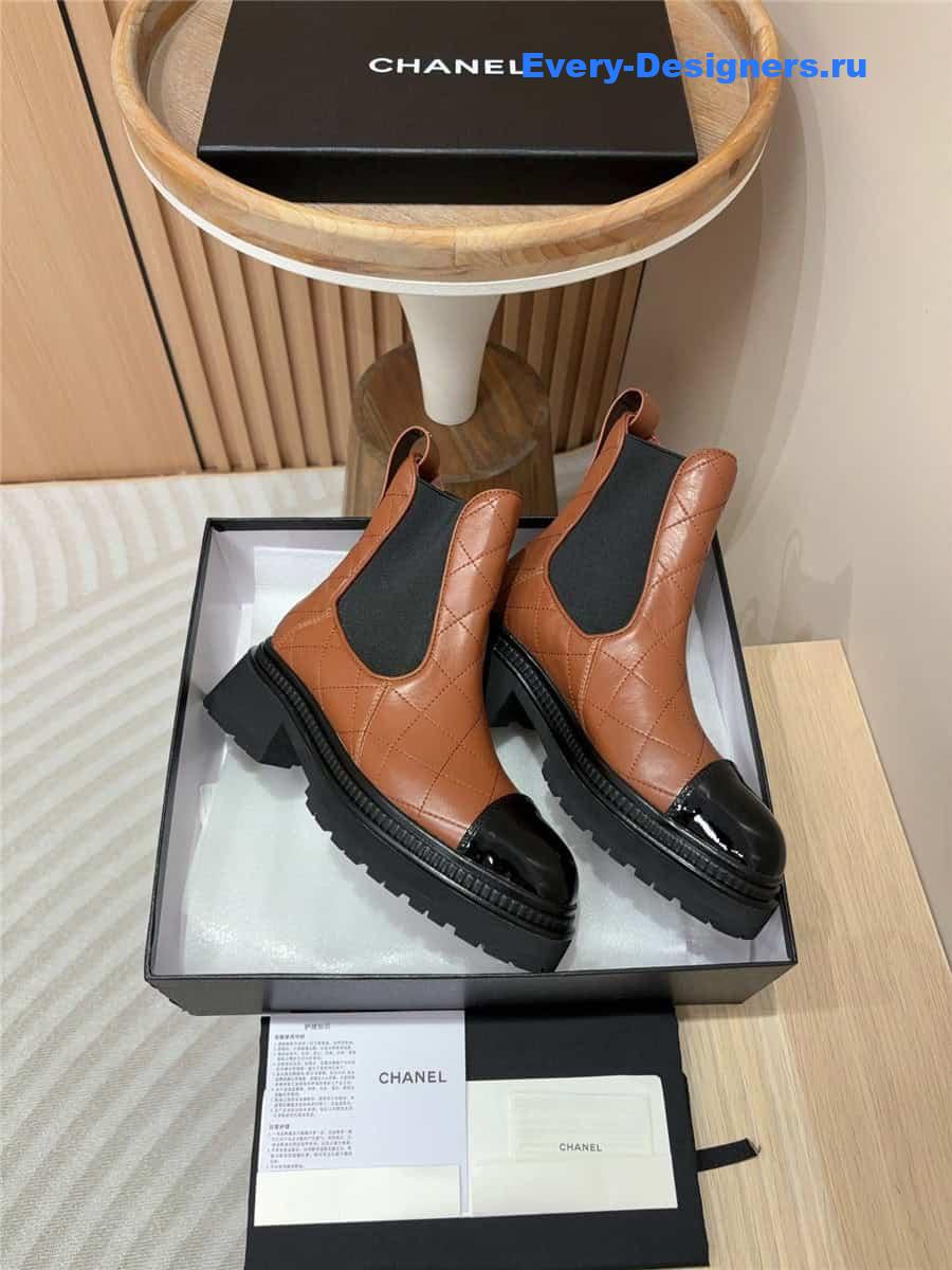 Ch**el brown calfskin patent cap toe ankle boots