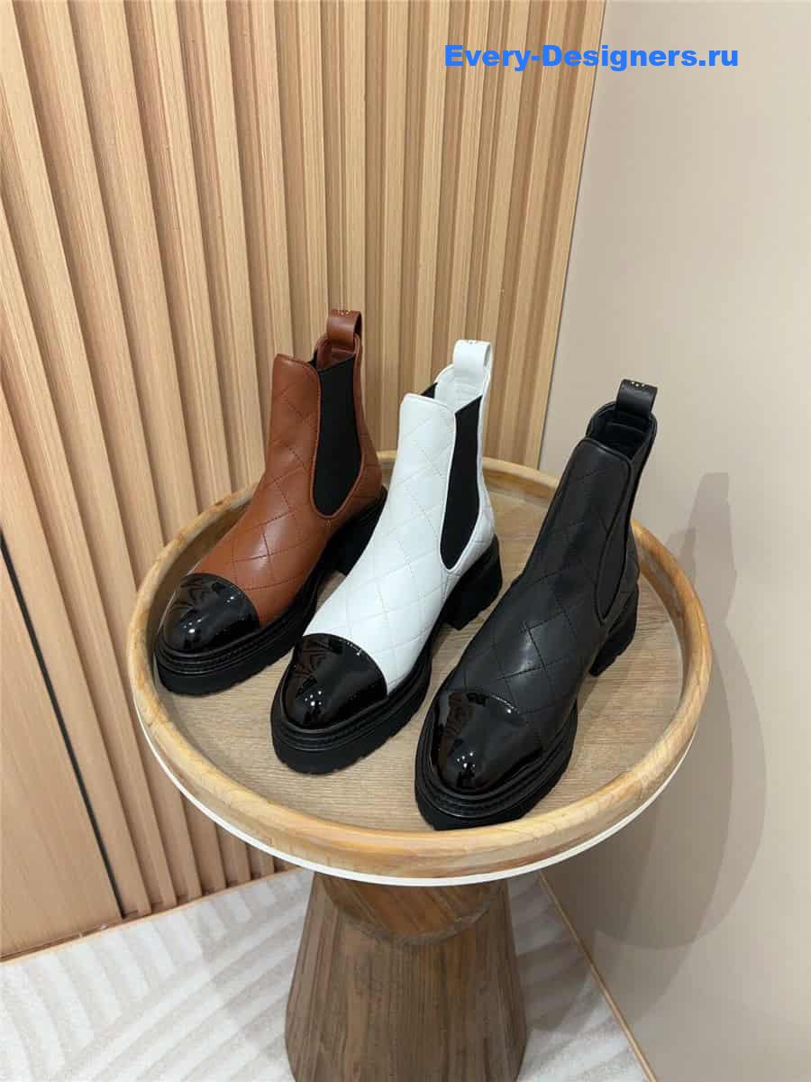 Ch**el brown calfskin patent cap toe ankle boots