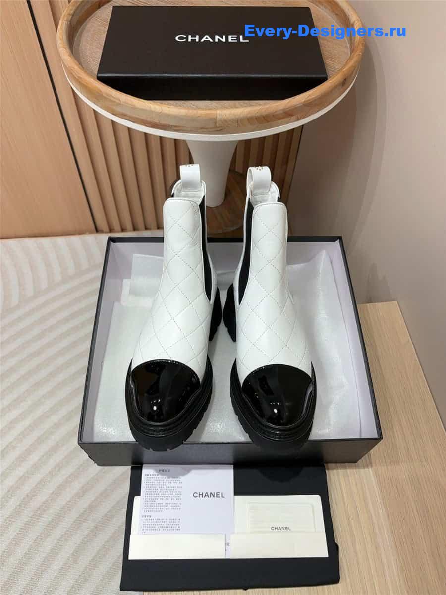 Ch**el white calfskin patent cap toe quilted ankle boots