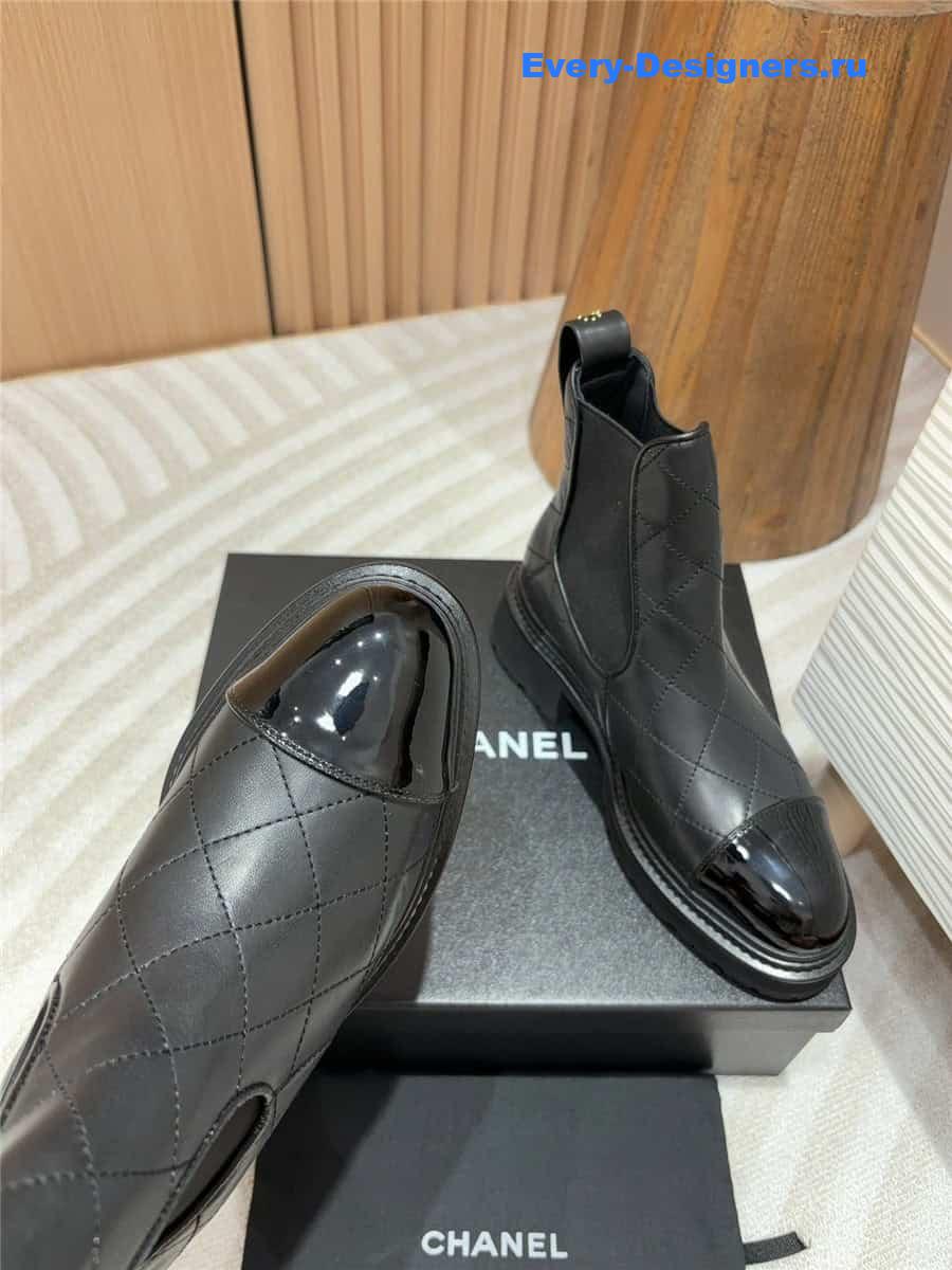 Ch**el calfskin patent cap toe quilted ankle boots