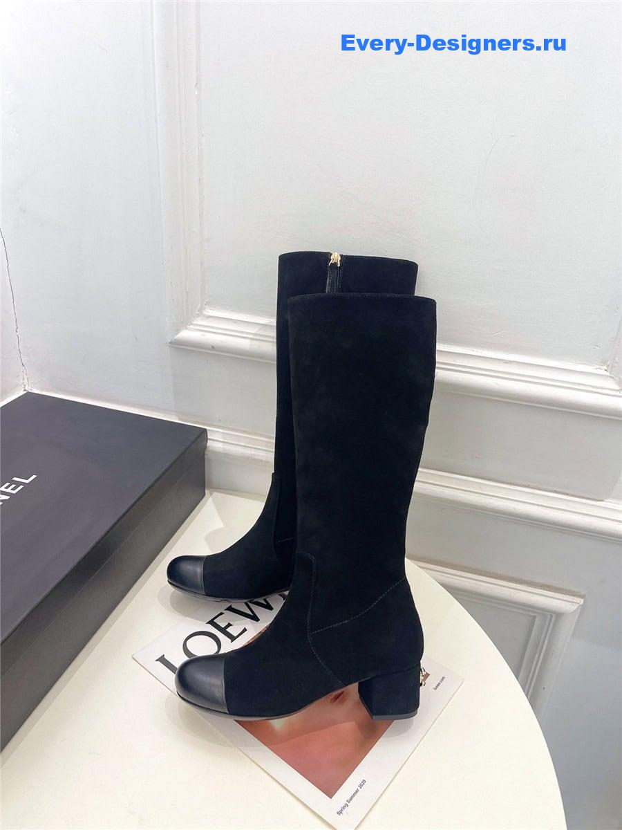 Ch**el black suede leather heeled boots