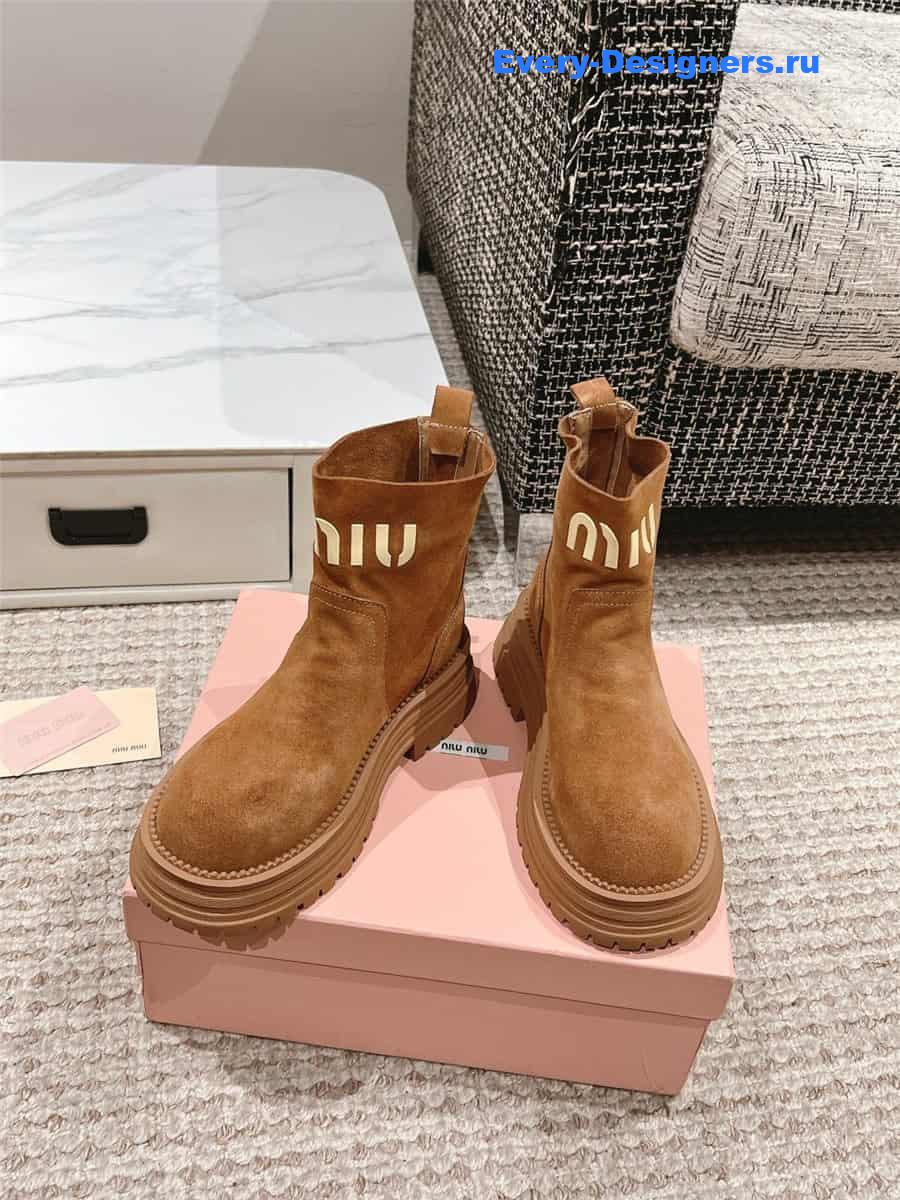 Miu Miu Logo Brown Sedue Platform Ankle Boot