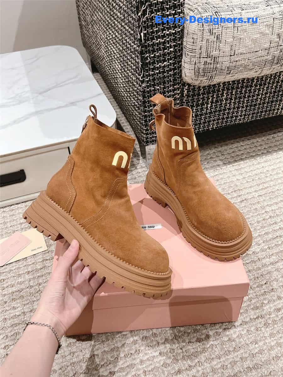 Miu Miu Logo Brown Sedue Platform Ankle Boot