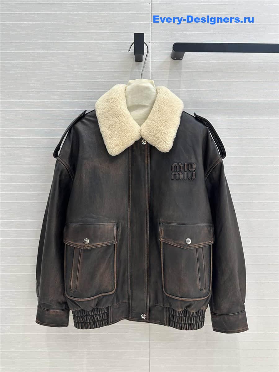 M1um1u genuine leather padded jacket