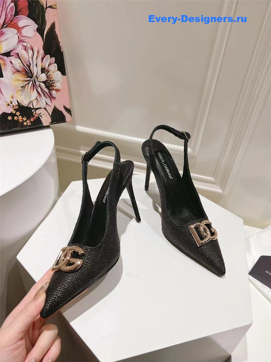 Dolce & Gabbana Black Raffia Slingbacks with Logo