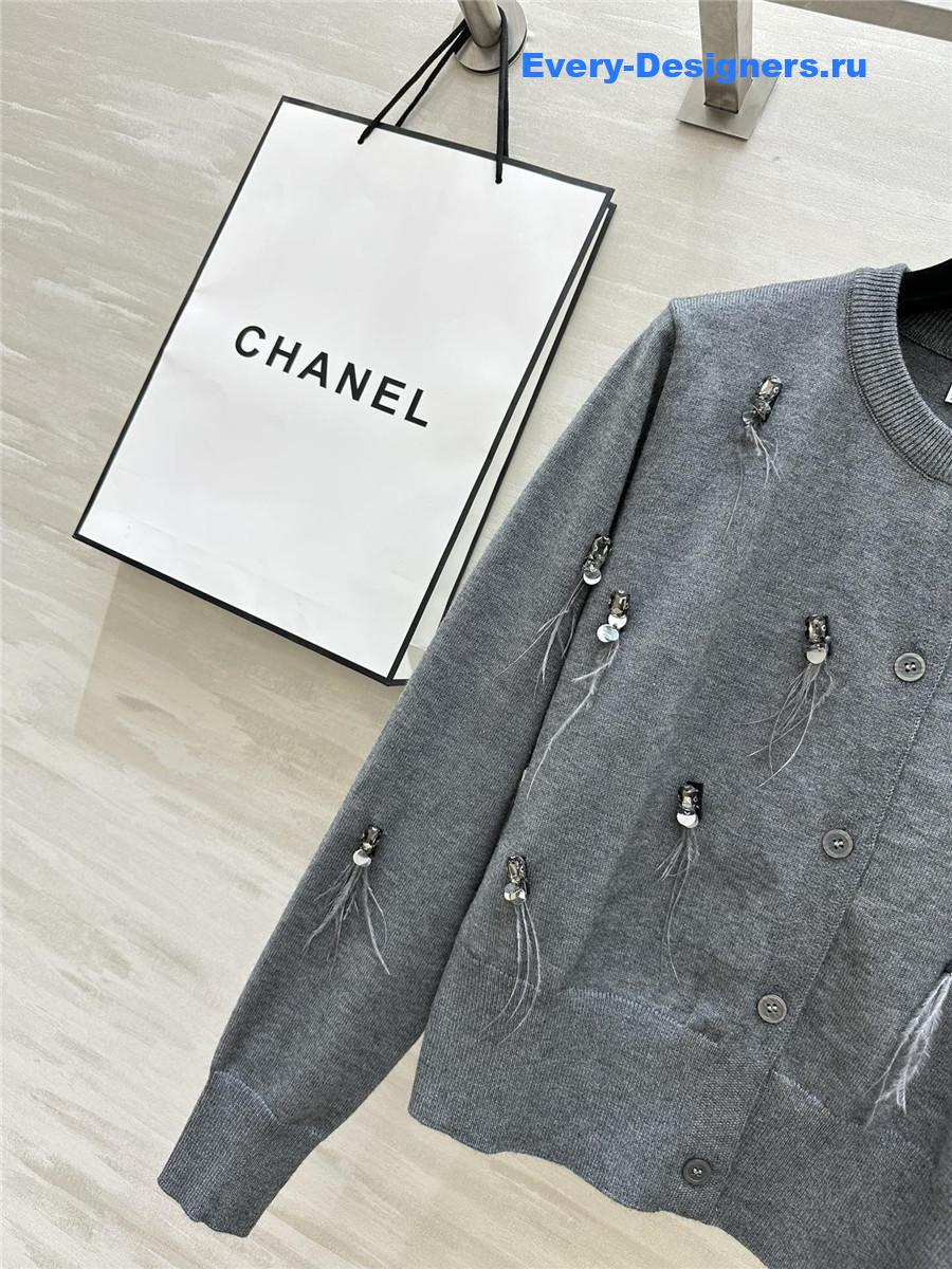Ch**el feather beaded wool cardigan grey