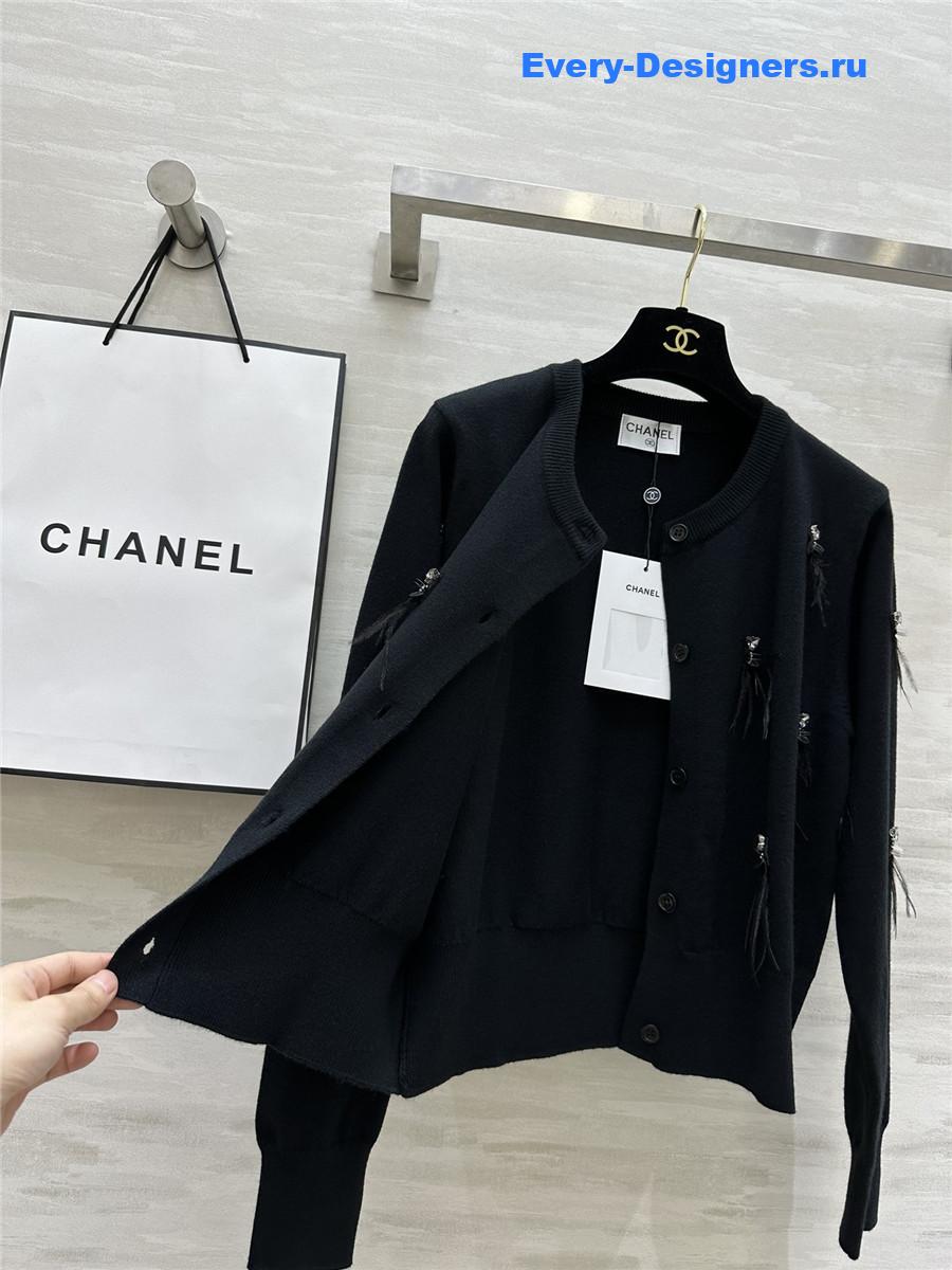 Ch**el feather beaded wool cardigan in black