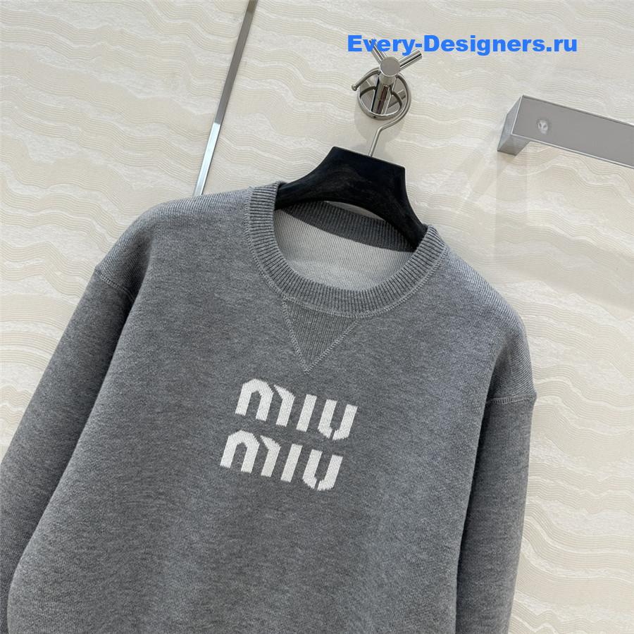 Miu Miu Logo Short Knit Sweater Grey
