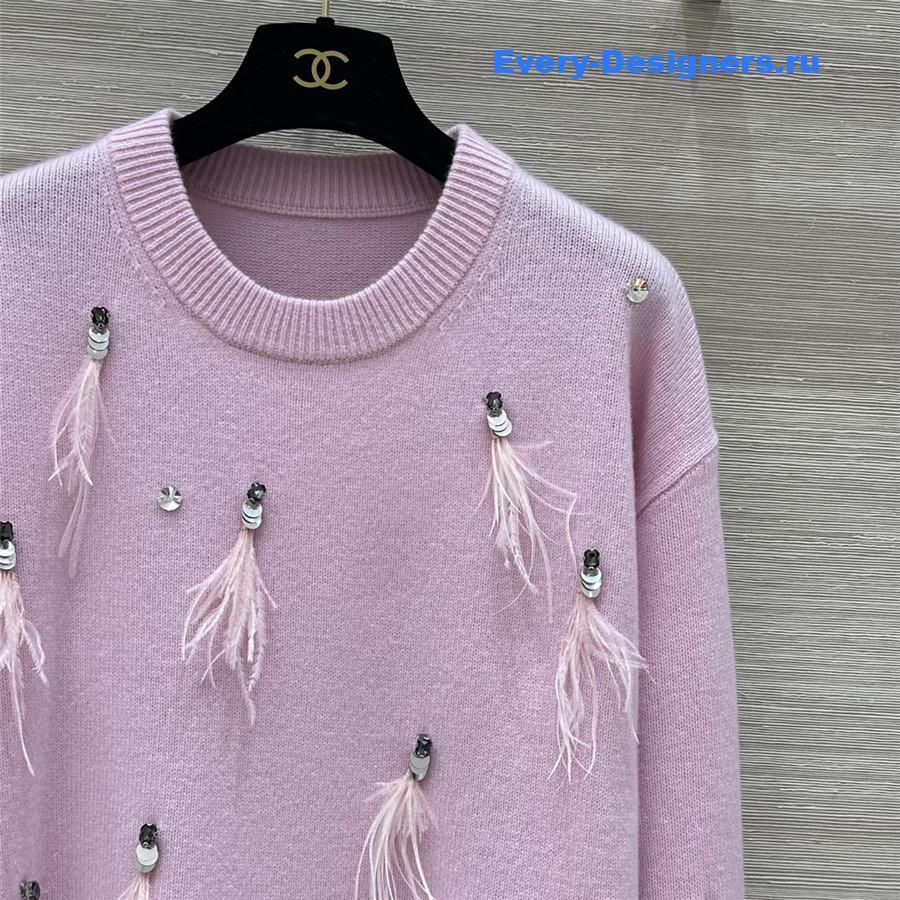 Ch**el sequin feather cashmere sweater pink