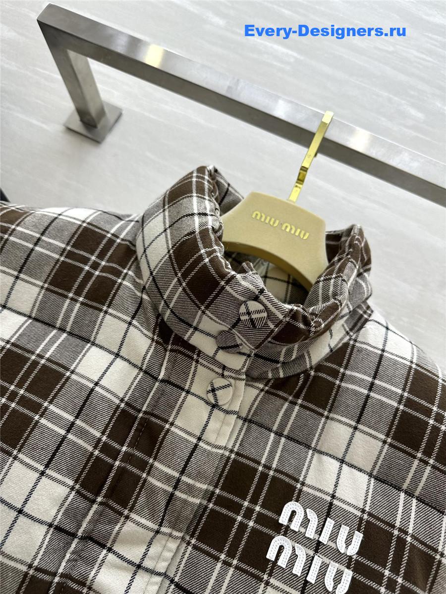 Miu Miu Brown And White Plaid Down Vest