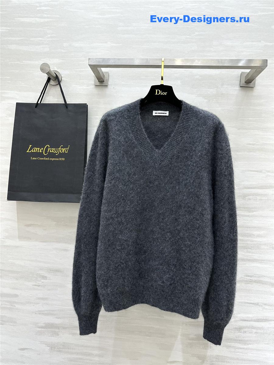 Jil Sander Grey V-Neck Cashmere Sweater