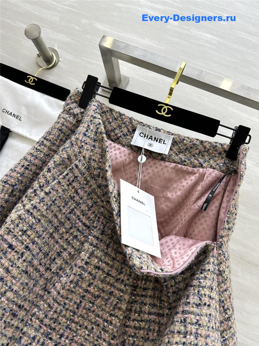 Ch**el wool-woven soft tweed pleated skirt
