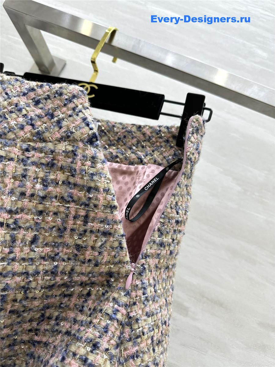 Ch**el wool-woven soft tweed pleated skirt