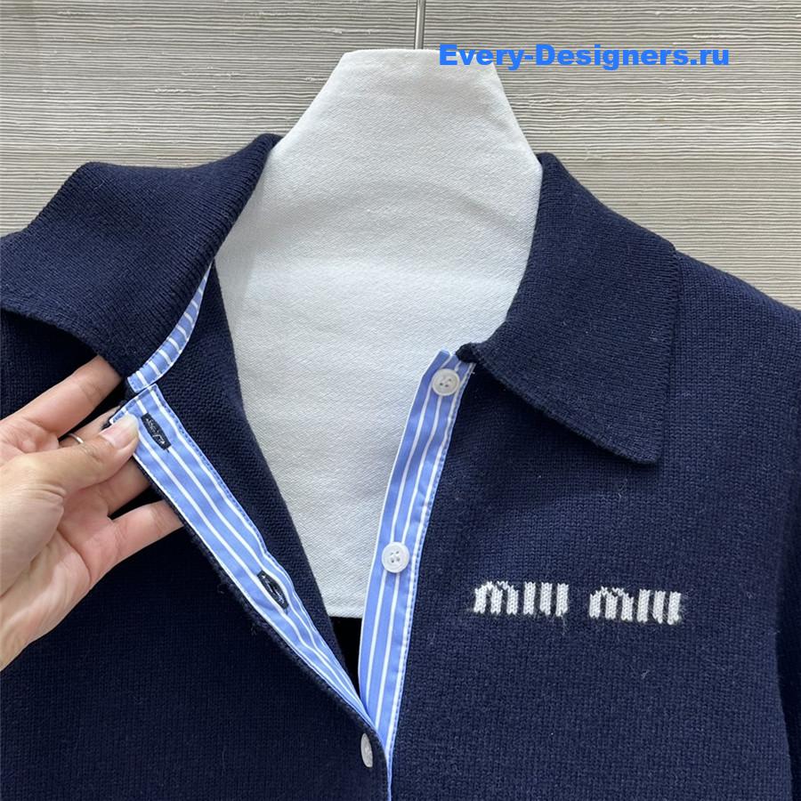 Miu Miu Logo-Intarsia Cashmere Cardigan in Navy