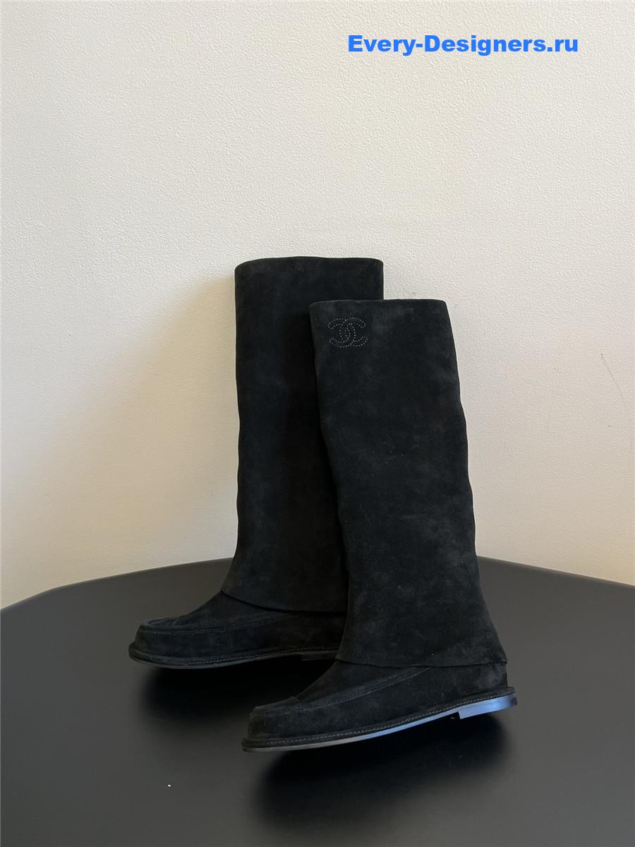 Ch**el flat suede knee-high boots in black