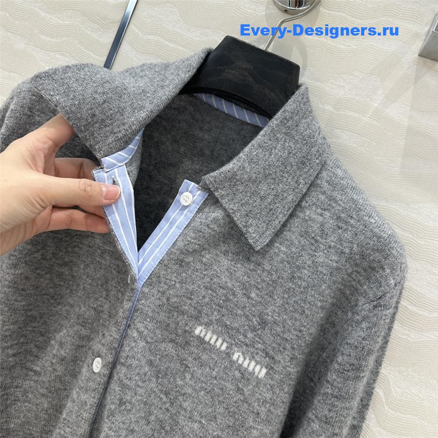 Miu Miu Cashmere Polo Collar Cardigan Gray